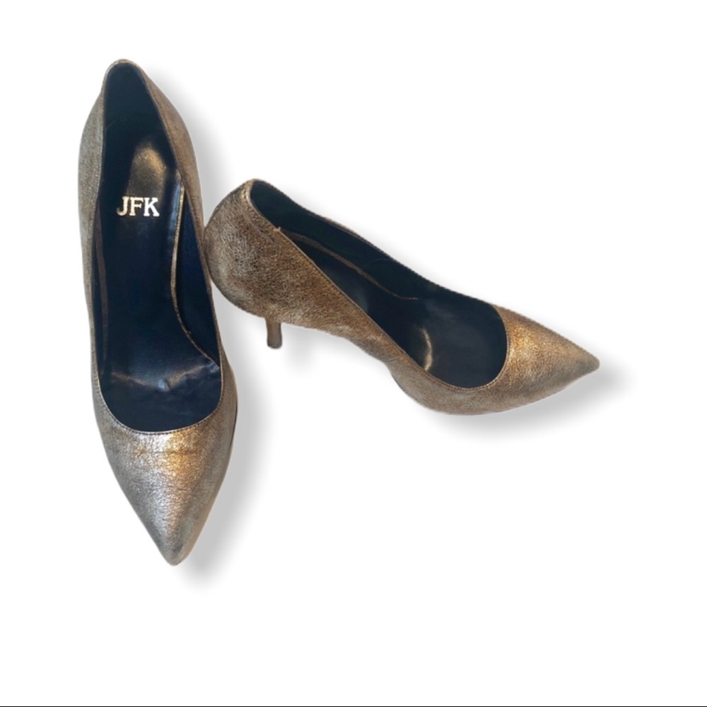 JFK Made In Italy Silver/Gold Pointed Toe Leather Pumps Heels Shoes SZ 8.5 - Picture 1 of 4